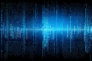 Abstract digital background of blue binary code cascading in a matrix-style pattern, representing data and technology. Generative AI