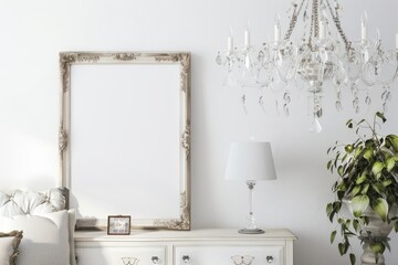 a living room with a dresser , mirror , lamp and chandelier