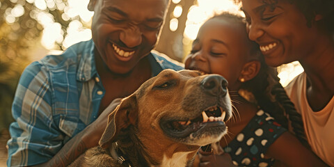 close up shot of an African American family smiling and playing with their dog, generative AI - obrazy, fototapety, plakaty