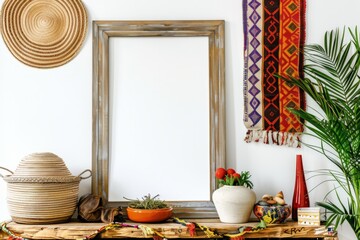 Fototapeta na wymiar a living room with a wooden table , a mirror , potted plants and a wicker hat