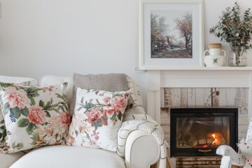 Interior design with floral pillows on chair in living room with fireplace
