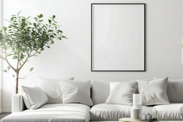 White couch and picture frame on wall in stylish living room