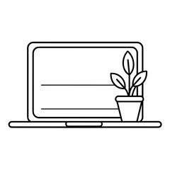 Modern vector outline of a laptop with plant pot icon for versatile use.