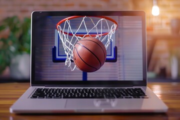The laptop has a basketball hoop and ball. Online athletics. Generative Ai