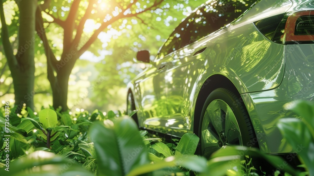 Wall mural an electric car parked in a lush green landscape surrounded by trees and plants symbolizing the harm