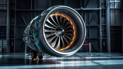 Showcase the mesmerizing details of a jet engines components in a dynamic and visually striking composition Transport viewers into the world of aviation with precision and creativity - obrazy, fototapety, plakaty