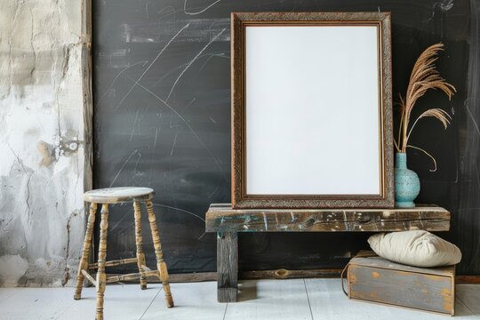 a picture frame is hanging on a wooden bench in front of a blackboard