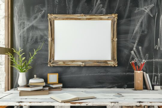 A rectangle picture frame hangs on a blackboard above a desk in a building