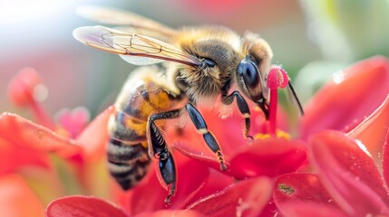 A detailed image of a bee collecting nectar from a vibrant red flower a concrete buildings.