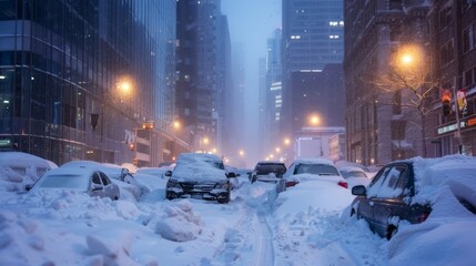 The snowstorm rages on with even the tallest buildings unable to shield the buried cars from its grasp.