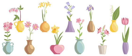 vector drawing set of vase with garden flowers, flowerpots isolated at white background, hand drawn illustration