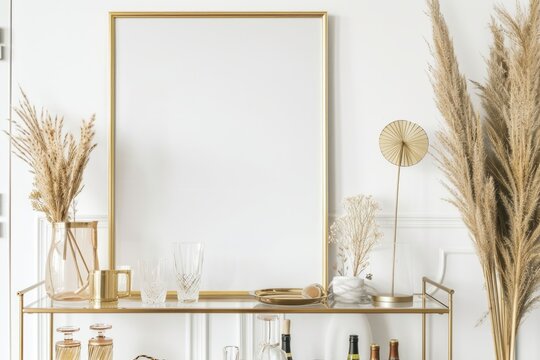 A yellow rectangular picture frame hangs on the wall in the middle of the room