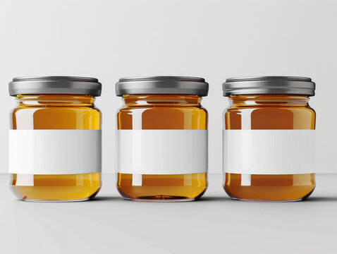 Three amber glass jars aligned, each featuring a blank label on a seamless white background, perfect for branding mockups
