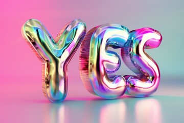 3D text "YES" with a glossy, metallic gradient effect on a reflective surface, against a pink-toned background.