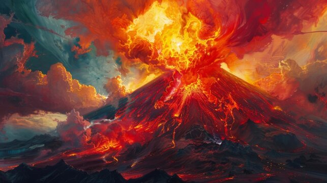 Fierce bursts of fiery red yellow and orange paint the sky as the volcano releases its pentup energy.