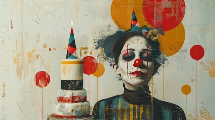 A retro-style image, a clown and a cake with a candle on an abstract background. The concept of a...
