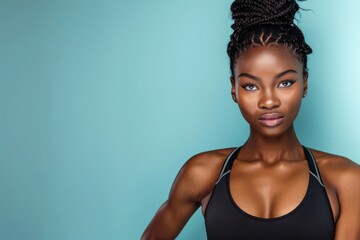 African American female model with a bun hairstyle against a light blue background. - obrazy, fototapety, plakaty