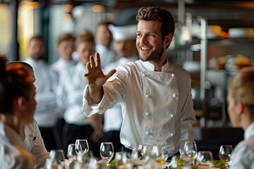 The chef gives instructions to the restaurant staff. - obrazy, fototapety, plakaty