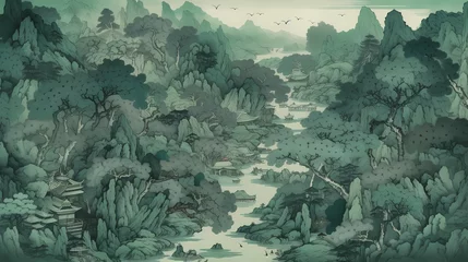 Crédence de cuisine en verre imprimé Kaki green landscape painting illustration landscape poster background