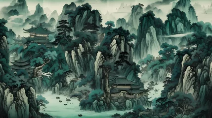 Stof per meter green landscape painting illustration landscape poster background © jinzhen