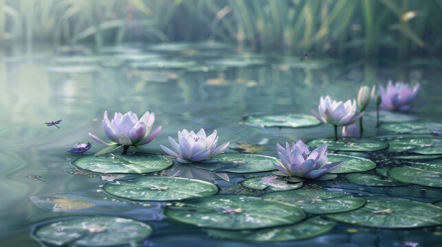 Immerse yourself in the beauty of nature with this podium image showcasing a serene scene of water lilies and dragonflies in a calming . .