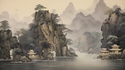 Fotobehang gold mountains  painting landscape illustration poster background © jinzhen