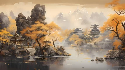 Foto op Aluminium gold mountains  painting landscape illustration poster background © jinzhen