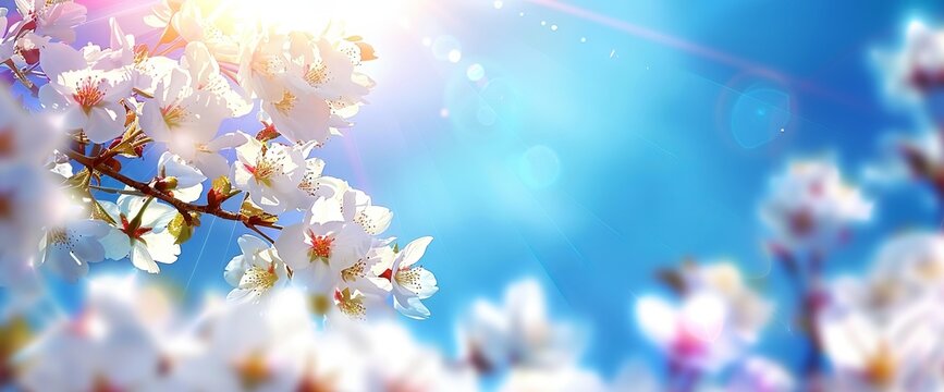 White Blossoms Basking in Sunlight Against the Blue Sky. Made with Generative AI Technology