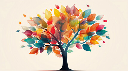 Colorful artistic tree with multicolored leaves spreading against a soft white background.