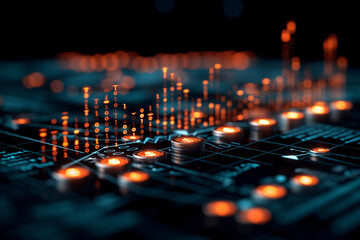 Futuristic technology background Binary code circuit board and glowing dollar coins Concept of blockchain cryptocurrency and digital money