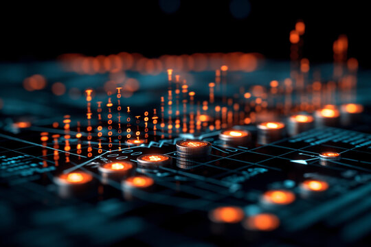 Futuristic technology background Binary code circuit board and glowing dollar coins Concept of blockchain cryptocurrency and digital money