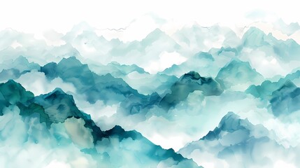 Watercolor clouds and mist surrounding fairyland mountains illustration poster background - obrazy, fototapety, plakaty