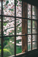 Beautiful sakura cherry blossom view outside an old Chinese wooden window
