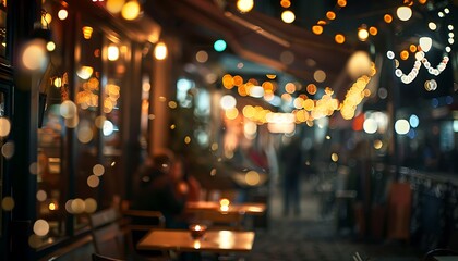 Captivating exterior shot captures bustling café ambiance through beautiful bokeh effect - obrazy, fototapety, plakaty
