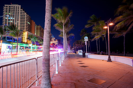 View of the sidewalk on A1A Fort Lauderdale night Spring Break 2024