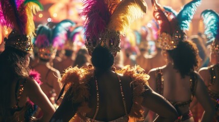 A troupe of dancers dressed in feathered headdresses and elaborate costumes stand in a line backs...