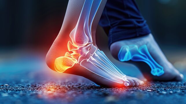 Conceptual image of a person's heel, joint diseases, hallux valgus, plantar fasciitis, heel spur, illustration made with generative AI