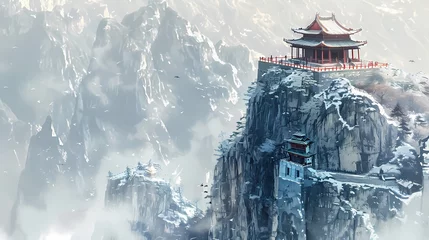 Foto op Aluminium Ink minimalist mountain top temple architectural landscape illustration poster background © jinzhen
