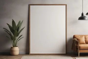 Foto op Plexiglas A blank photo frame on a painted wall for mockup design © Thanh