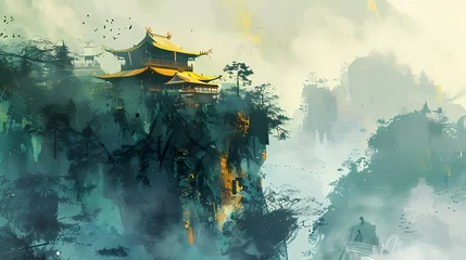 Fototapete Rund Ink minimalist mountain top temple architectural landscape illustration poster background © jinzhen