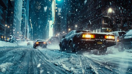 As the night falls the snowstorm intensifies making it seem as though the cars are slowly vanishing into the snowcovered cityscape. - obrazy, fototapety, plakaty