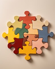 Obraz premium A diverse group of puzzle pieces interconnected, unity and collaboration symbol, promoting teamwork and inclusivity