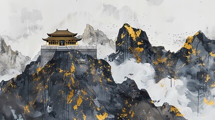 Ink minimalist mountain top temple architectural landscape illustration poster background