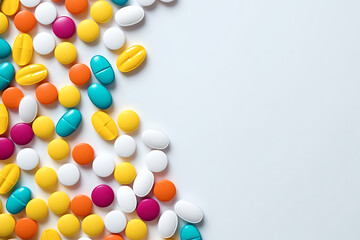 Assorted pharmaceutical pills and capsules on a background with copy space. Generative AI