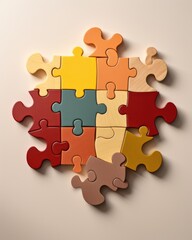 Fototapeta premium A diverse group of puzzle pieces interconnected, unity and collaboration symbol, promoting teamwork and inclusivity