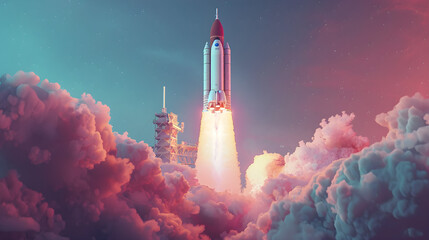3d rendering rocket space launching illustration for international day for human space flight concept