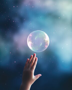 Child's hand catching a soap bubble delicately, a magical and innocent background for promoting childhood wonder or playful themes