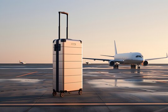 Una maleta de acero en la pista de aterrizaje al fondo un avion color blanco. Viajes, imagen con espacio para copiar