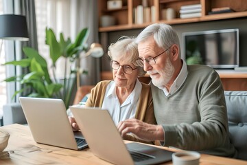 an caucasian old married couple is playing on a laptop
