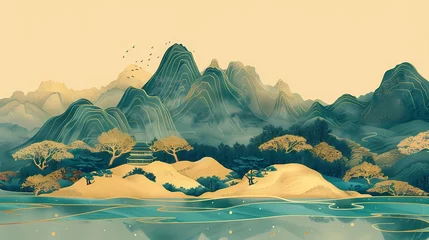 Poster Traditional golden green mountain pavilions illustration poster background © jinzhen